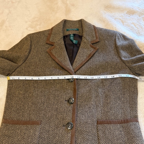 Lauren Ralph Lauren Brown Herringbone Wool-Blend Suede Detail Blazer Jacket - Picture 6 of 13